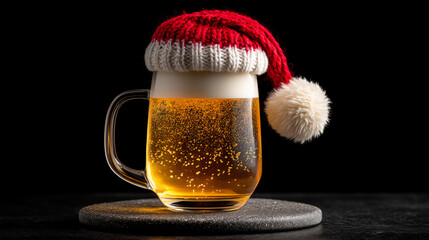 A festive still-life composition featuring a clear glass beer mug filled with golden beer, placed on a rustic round stone coaster against a deep black background. The mug is topped