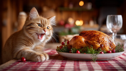 A humorous and cozy Christmas dinner scene set indoors, featuring a beautifully roasted whole turkey placed at the center of a festive table. The turkey has a golden-brown, glossy