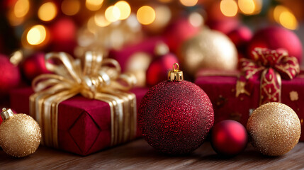 A luxurious festive still-life composition showcasing an elegant collection of Christmas decorations arranged closely together. Sparkling red and gold Christmas baubles with fine g