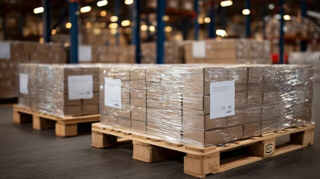 Pallets of cereal and granola boxes, close-up view, warehouse lighting reflecting off packaging, organized storage