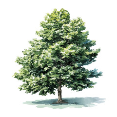 Isometric watercolor graphic of Silver Maple Tree, neatly isolated on white background.
