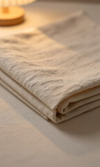 linen sheet folded diagonally soft focus warm golden light shining crease nearby lamp creating subtle glow