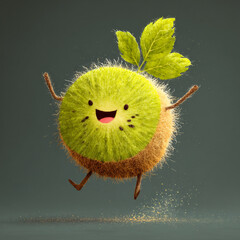 Happy cartoon kiwi character celebrating with joy in a playful and vibrant setting