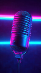 Retro microphone on stage with neon lights. Vintage mic in vibrant night club. Music recording, live broadcast, karaoke, podcast concept for entertainment audio industry. Vertical view.