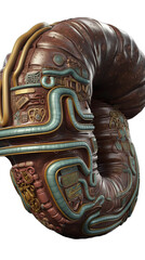 Detailed Close-up of an Ornate Steampunk Ram Horn with Ancient Aztec-Inspired Metalwork