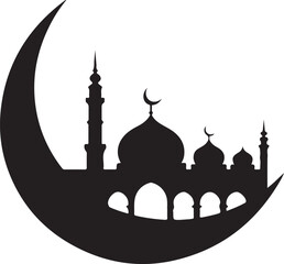 silhouette of half moon with mosque