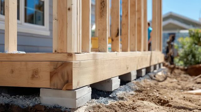Partial view of house foundation with wooden studs and beams, close-up angle showing precision of construction materials, soft daylight illuminating structure