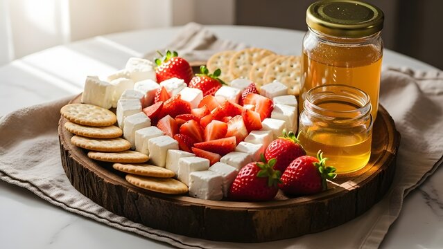 Delicious cheese and strawberry platter with honey