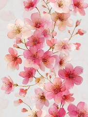 Delicate pink cherry blossoms bloom gracefully against a soft, white background, creating a serene floral scene.