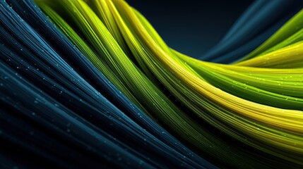 A flowing abstract wave of green and yellow light curves elegantly against a dark, textured background