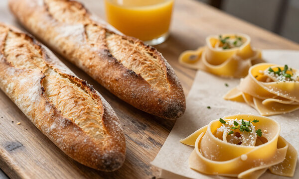 mouthwatering shot colorful arrangement freshly baked baguettes homemade pasta rustic wooden table bathed warm