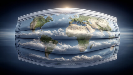 A surgical mask shaped as a world map illustrating the universal need for protection and collective health responsibility.
