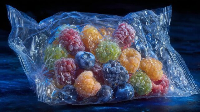 Vividly colored frozen fruits sealed inside a transparent bag, frost crystals forming intricate patterns on the surface, illuminated against a deep dark background for a rich, dram