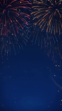 Blue and gold Abstract background and bokeh on New Year's Eve. Vertical Colorful fireworks illuminate a night sky with sparkling bokeh effects.	