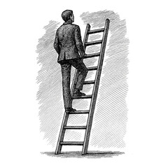 A man climbing ladder engraving illustration. Scratchboard imitation. Black and white image. flat vector © kmhbDOes