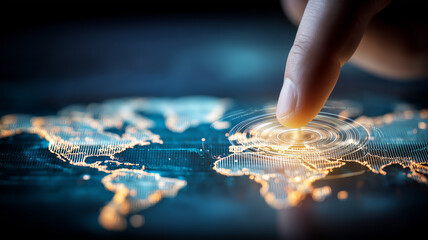 A finger touching a digital world map to represent global connectivity, international access and modern technological interaction.
