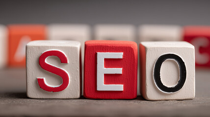 Wooden blocks forming the letters SEO representing search optimization ranking strategy and digital content visibility.

