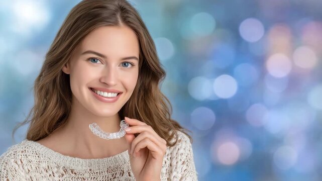 Woman with flawless smile presenting transparent aligner device in hand, modern background with soft gradients highlighting oral hygiene and aesthetic dentistry
