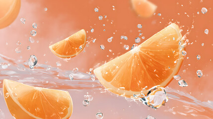 Tangerine Splash Energy on Pastel Soft Orange Background, floating slices with vibrant juice droplets