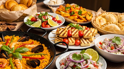 Mediterranean Tapas Feast with Seafood Paella Empanadas and Grilled Skewers