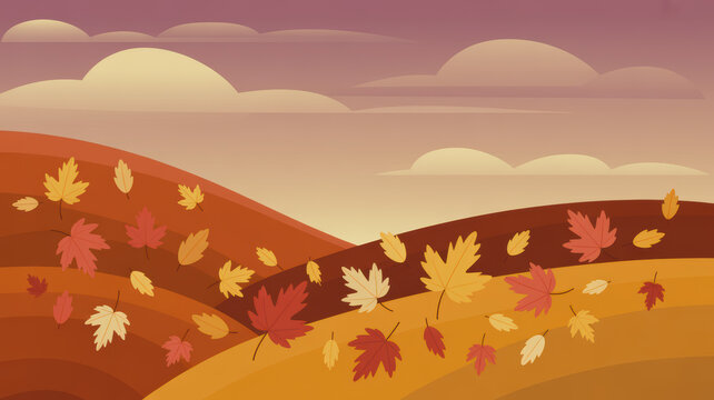Autumn landscape with falling maple leaves and stylized clouds