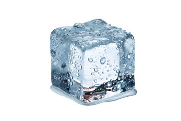 Crystal Clear Ice Cube on White Background with Water Drops