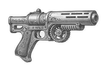 Vintage seampunk gear-powered futuristic pistol engraving illustration. Scratchboard imitation. Black and white image. flat vector © kmhbDOes