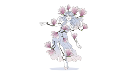 Illustration of a woman with long hair surrounded by pink flowers