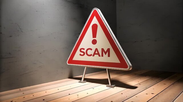 Warning sign with scam alert on wooden floor in dark room