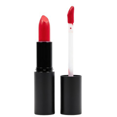 Obraz premium Vibrant Red Matte Lipstick and Liquid Lip Gloss Applicator Set, Professional Cosmetic Makeup Duo isolated on transparent background