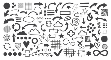 Obraz premium Hand drawn doodle elements set black charcoal arrows circles hearts and abstract scribbles on grid