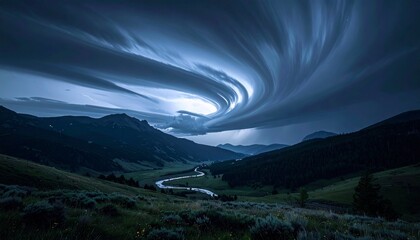 storm clouds rotating slowly above a silent valley, minimalist night scene