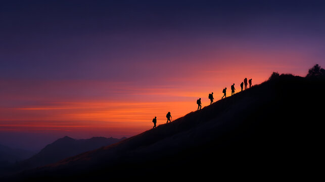 Ascending to Greatness: Silhouette of a group of adventurers silhouetted against a fiery sunset, steadily climbing a mountain. showcasing determination, perseverance, and the pursuit of goals.