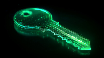A glowing transparent digital key displayed as a high tech icon symbolizing secure access identity management and advanced cybersecurity.
