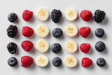 Colorful Berry and Banana Flat Lay Pattern, Fresh Blueberry Raspberry Blackberry and Banana Slices on White Background, Healthy Food Concept, Clean Minimal Fruit Background