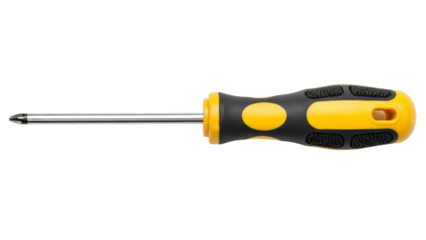 A yellow and black screwdriver on transparent background for commercial use in hardware and DIY projects