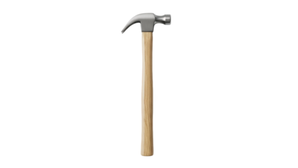 A hammer with a wooden handle and metal head on transparent background