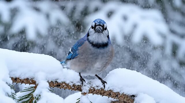 Blue Jay Pecking on Snow Covered Branch in Winter Forest