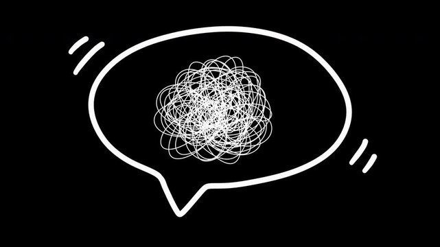 Looped animation of white speech bubble with tangled scribble brain on black background. Nervous, tangled doodle circle or thread knot spinning. Alpha channel. For educational, mental health content.
