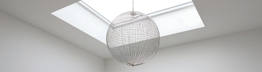 metallic lattice forms delicate suspended sphere within stark white room illuminated soft diffused natural light pouring