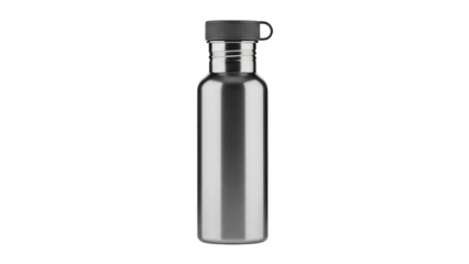 A sleek silver water bottle with a black lid on transparent background