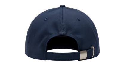 A navy blue baseball cap with adjustable strap on transparent background