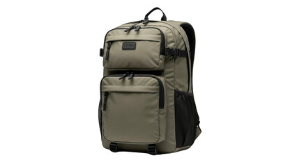 Naklejka premium A sturdy khaki backpack with multiple pockets on transparent background