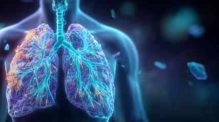 A detailed depiction of human lungs with highlighted neural pathways representing respiratory function analysis and advanced medical visualization.
