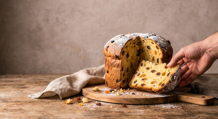 Hand Taking a Slice of Panettone on Rustic Table