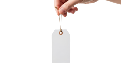 A hand holding a blank white tag on a transparent background for labeling purposes