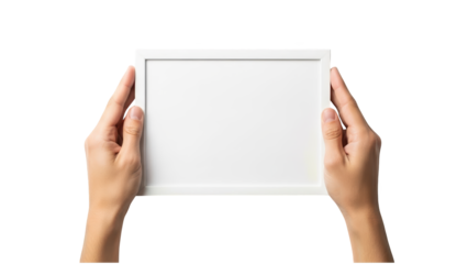 A person holding a blank white tablet on transparent background for digital presentation or advertisement purposes