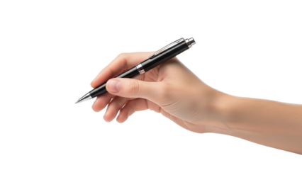 A hand holding a black pen on transparent background for business and creative use