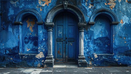 Ornate Blue Textured Wall With Arched Doorways And Peeling Plaster Showing Rustic Charm In Daylight