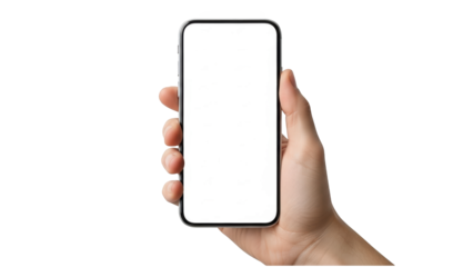 A hand holding a smartphone with a blank screen on transparent background